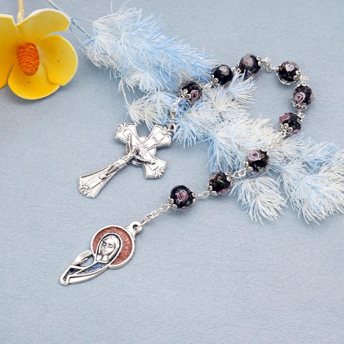 9-Bead Chaplet - Our Lady (Praying Hands) - Enamel Pendant - Black Glass Beads - 10mm Catholic religious art