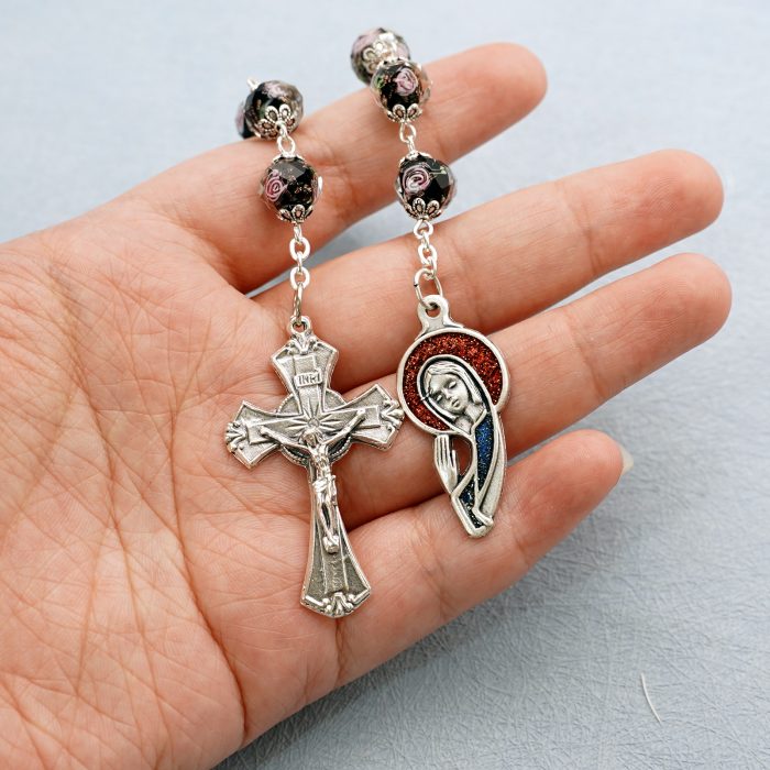 9-Bead Chaplet - Our Lady (Praying Hands) - Enamel Pendant - Black Glass Beads - 10mm Catholic religious art
