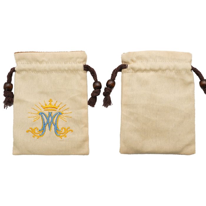 Rosary Pouch - Embroidered Drawstring - Beige - Ave Maria Symbol - 13.3x10cm Catholic religious art