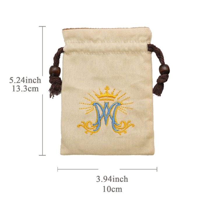 Rosary Pouch - Embroidered Drawstring - Beige - Ave Maria Symbol - 13.3x10cm Catholic religious art