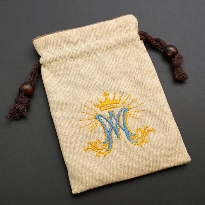 Rosary Pouch - Embroidered Drawstring - Beige - Ave Maria Symbol - 13.3x10cm Catholic religious art