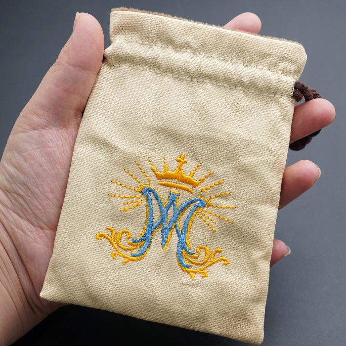 Rosary Pouch - Embroidered Drawstring - Beige - Ave Maria Symbol - 13.3x10cm Catholic religious art