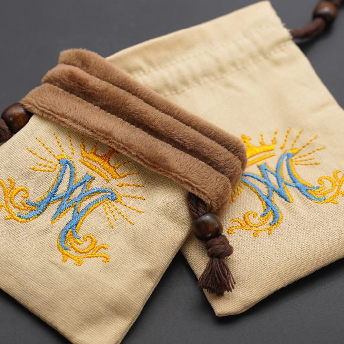 Rosary Pouch - Embroidered Drawstring - Beige - Ave Maria Symbol - 13.3x10cm Catholic religious art