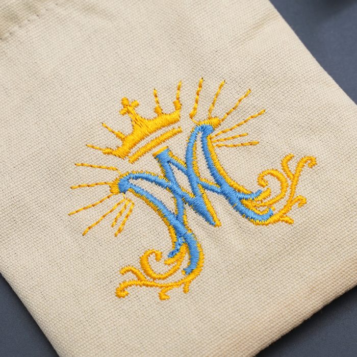 Rosary Pouch - Embroidered Drawstring - Beige - Ave Maria Symbol - 13.3x10cm Catholic religious art