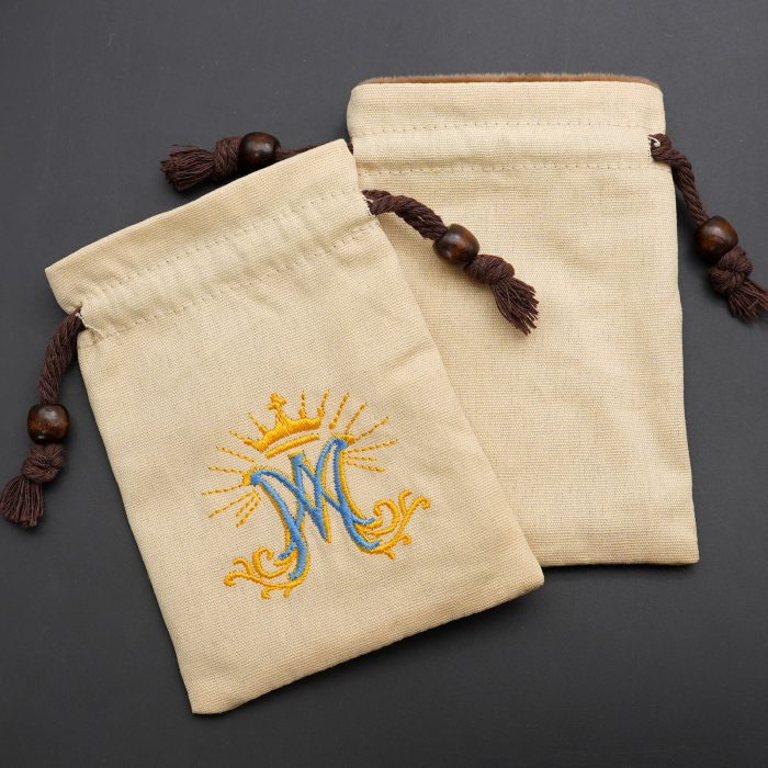 Rosary Pouch - Embroidered Drawstring - Beige - Ave Maria Symbol - 13.3x10cm Catholic religious art