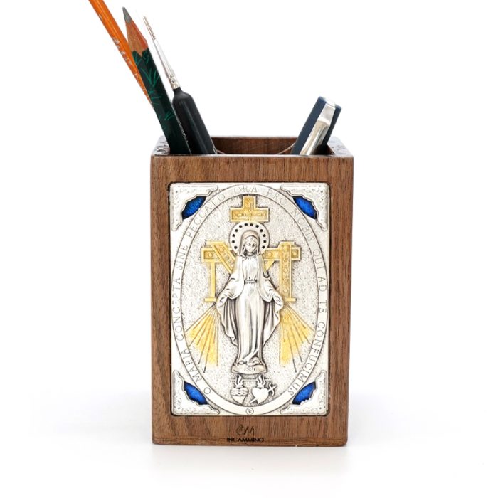 笔筒-浮雕圣像-圣母显灵-胡桃木特制纪念款-11x7.5x7.5cm Catholic religious art