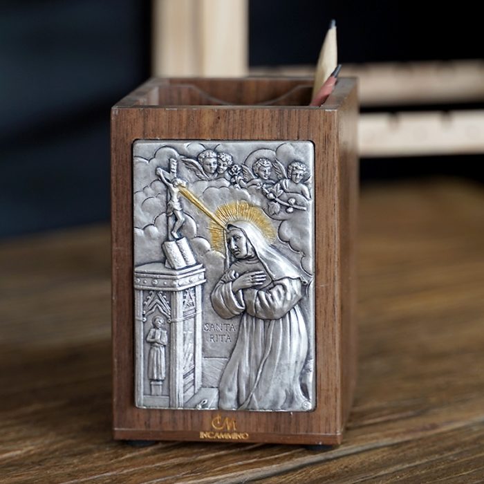 笔筒-浮雕圣像-圣妇丽达-胡桃木特制纪念款-11x7.5x7.5cm Catholic religious art