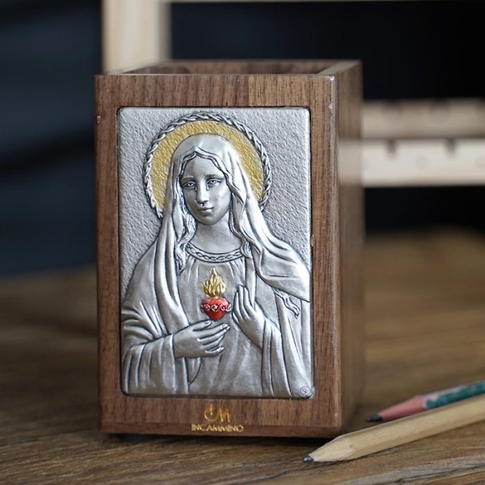 笔筒-浮雕圣像-圣母圣心-胡桃木特制纪念款-11x7.5x7.5cm Catholic religious art