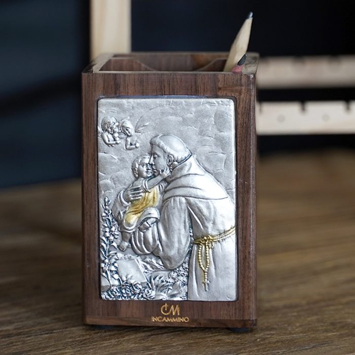 笔筒-浮雕圣像-圣安多尼-胡桃木特制纪念款-11x7.5x7.5cm Catholic religious art