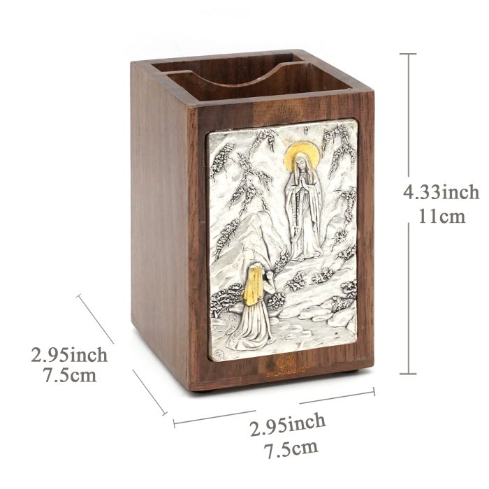 笔筒-浮雕圣像-露德圣母-胡桃木特制纪念款-11x7.5x7.5cm Catholic religious art