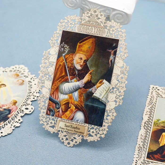 Saint Eusebius Lace Holy Icon Card – 7×11 cm – Religious Keepsake Catholic religious art