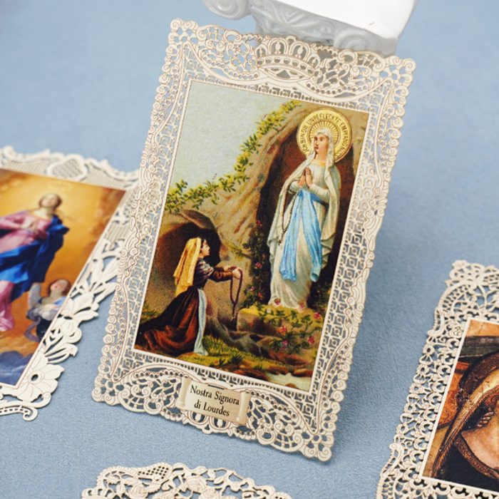 蕾丝材质露德圣母圣像卡片 7×11cm - 精美宗教纪念品 Catholic religious art