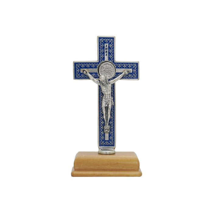 十字架-圣本笃-蓝色带装饰图案-镀银-带底座-9.3x4.5cm Catholic religious art