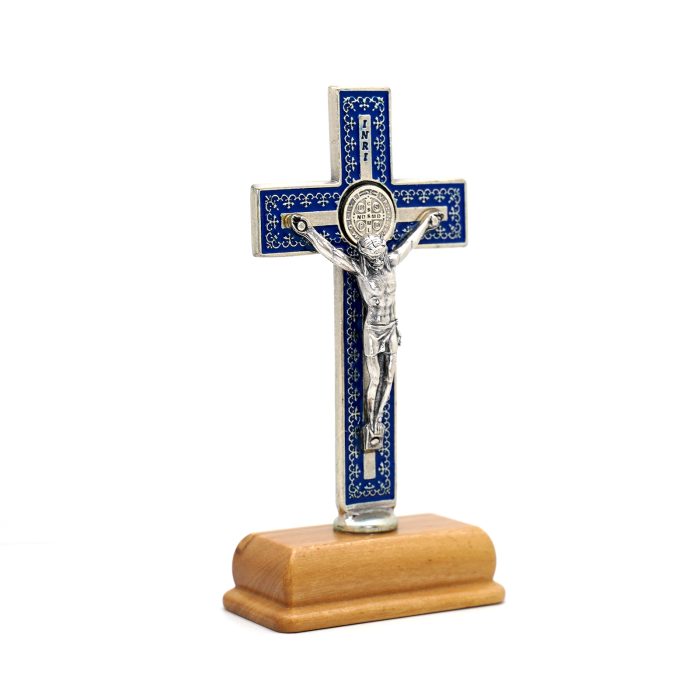 十字架-圣本笃-蓝色带装饰图案-镀银-带底座-9.3x4.5cm Catholic religious art