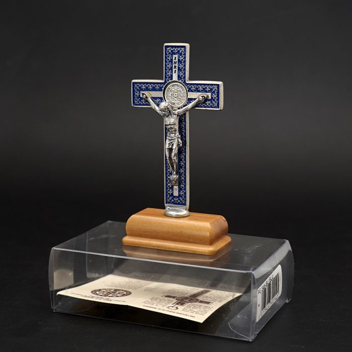 十字架-圣本笃-蓝色带装饰图案-镀银-带底座-9.3x4.5cm Catholic religious art