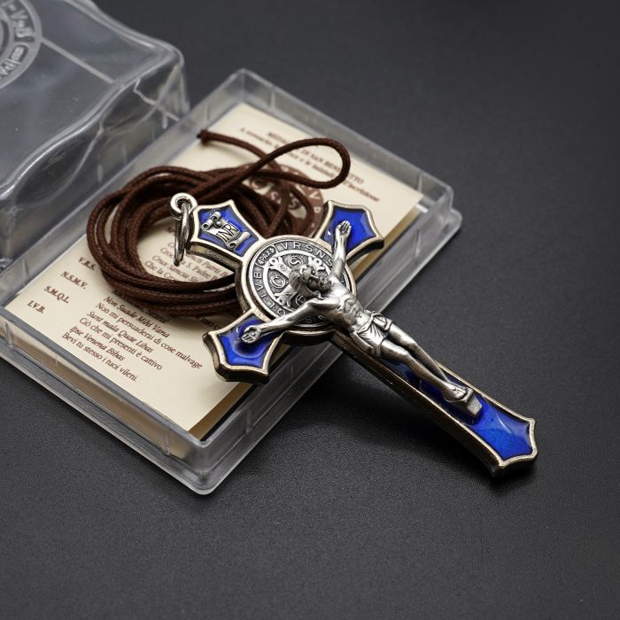 十字架项链-圣本笃-合金-珐琅蓝色-带绳卡片-7.4x4.6cm Catholic religious art