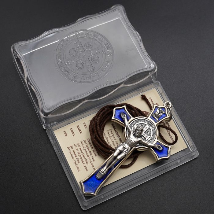 十字架项链-圣本笃-合金-珐琅蓝色-带绳卡片-7.4x4.6cm Catholic religious art