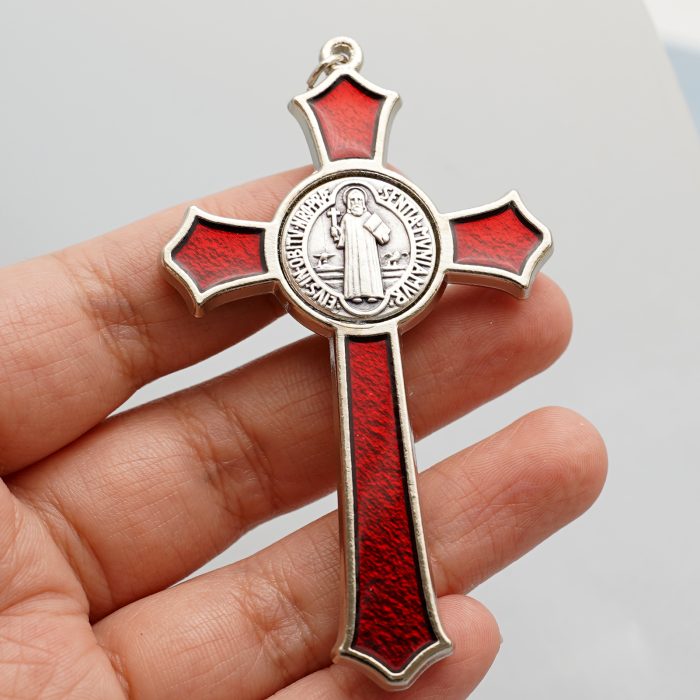 十字架项链-圣本笃-合金-珐琅红色-带绳卡片-7.4x4.6cm Catholic religious art