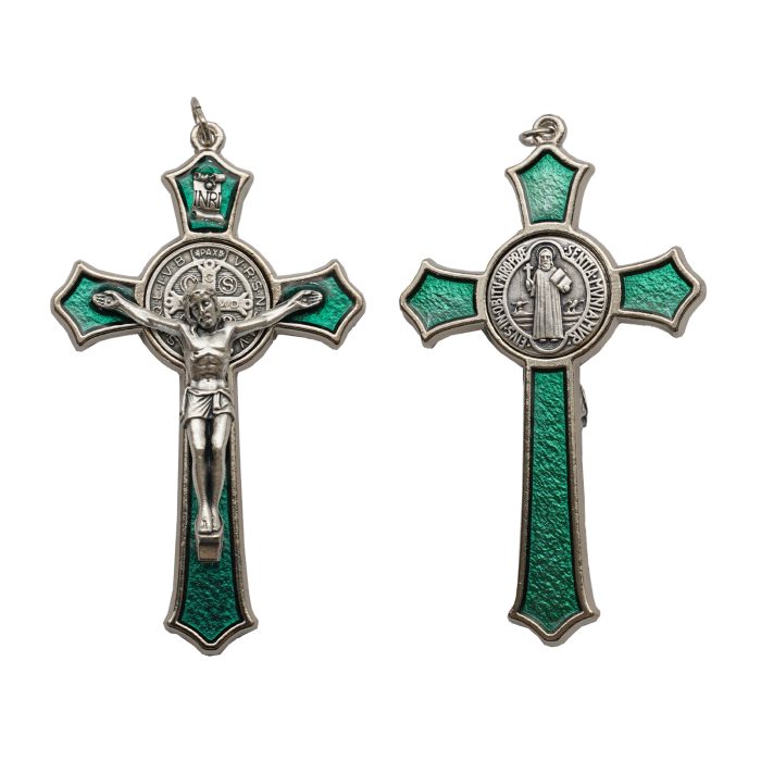 十字架项链-圣本笃-合金-珐琅绿色-带绳卡片-7.4x4.6cm Catholic religious art