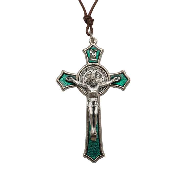 十字架项链-圣本笃-合金-珐琅绿色-带绳卡片-7.4x4.6cm Catholic religious art