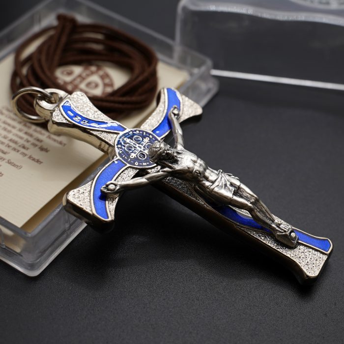 十字架-圣本笃-锌合金-金色-蓝珐琅-带包装盒-7.3x4.5cm Catholic religious art