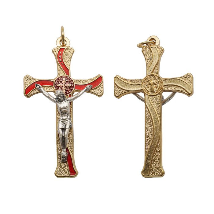十字架-圣本笃-锌合金-金色-红珐琅-带包装盒-7.3x4.5cm Catholic religious art