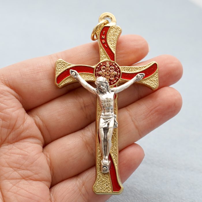 十字架-圣本笃-锌合金-金色-红珐琅-带包装盒-7.3x4.5cm Catholic religious art