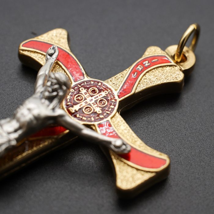 十字架-圣本笃-锌合金-金色-红珐琅-带包装盒-7.3x4.5cm Catholic religious art