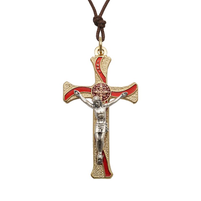 十字架-圣本笃-锌合金-金色-红珐琅-带包装盒-7.3x4.5cm Catholic religious art